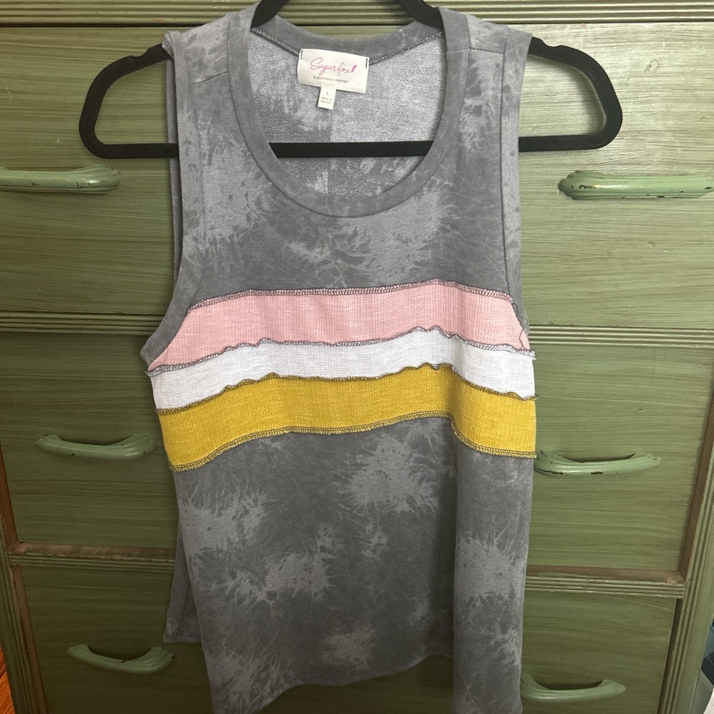Sugar Gray Tank Top with Pink, Yellow, and White Stripes
